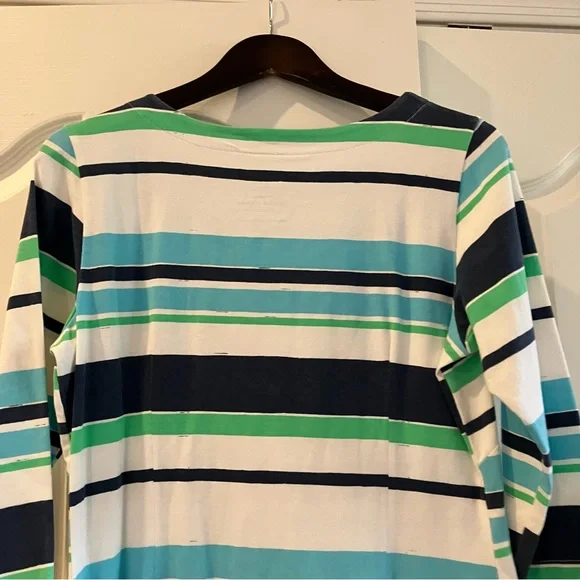 MAHI GOLD Womens Large Blue Green White Striped 3/4 Sleeve Stretch Cotton Dress - Picture 6 of 10